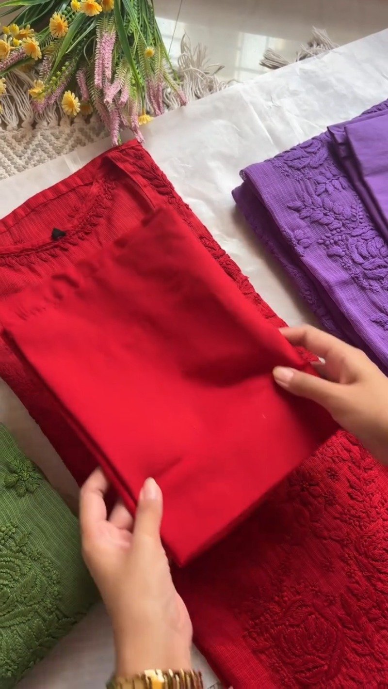 Exquisite Floral Threadwork Kurta Set with Matching Bottoms – Available in Sage Green, Crimson Red & Royal Purple