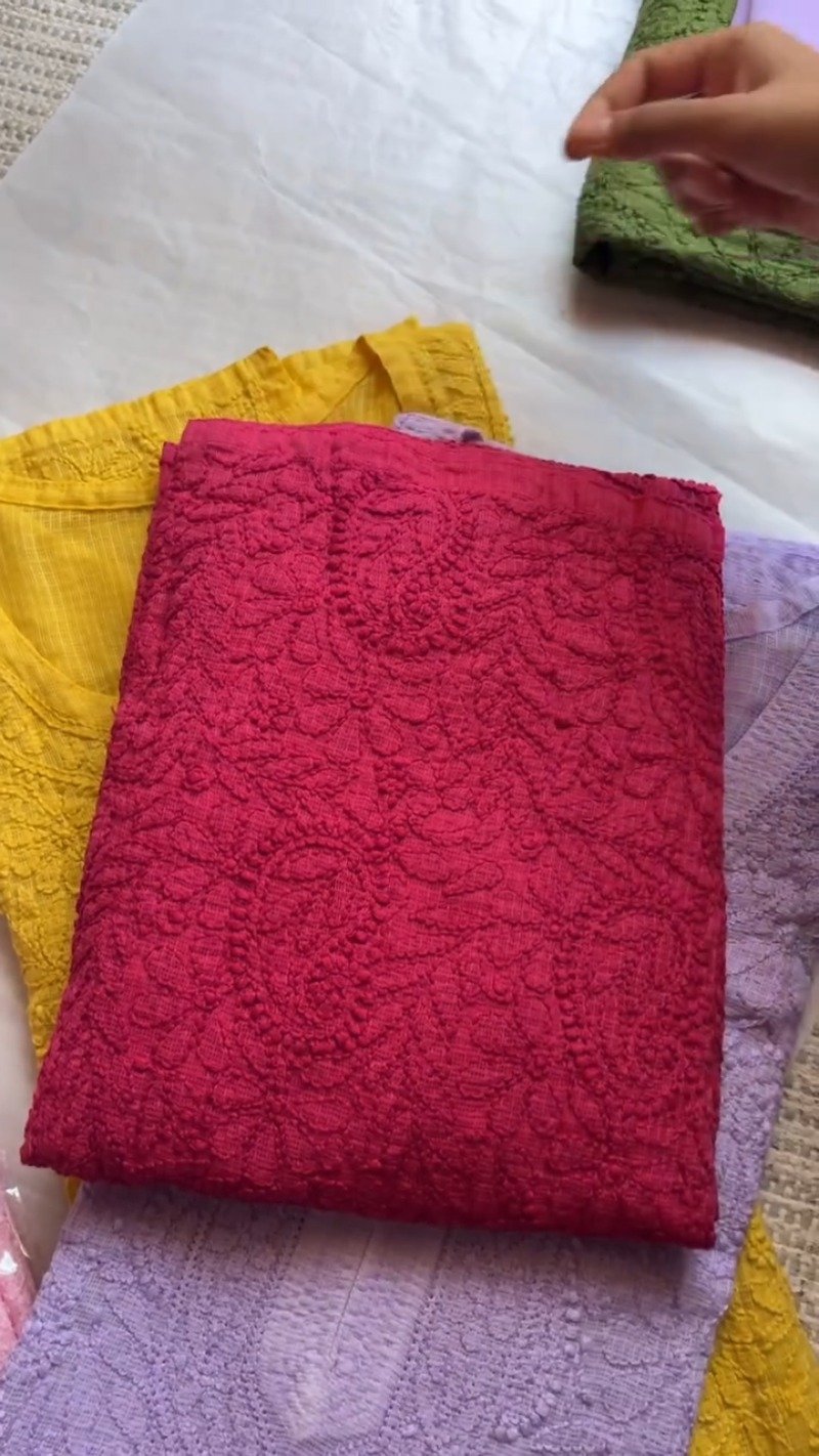 Exquisite Lucknowi Chikankari Embroidered Kurta Set – Available in Pink, Purple, Red, Green & Yellow