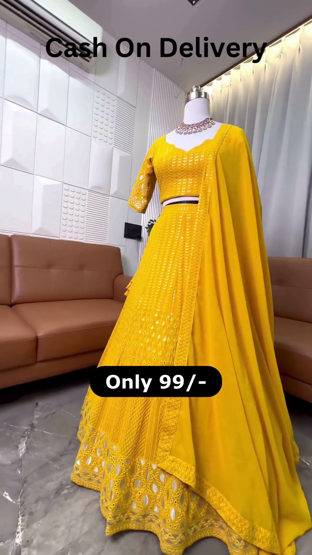 Canary Radiance: Chikankari & Mirror-Work Lehenga Choli Set