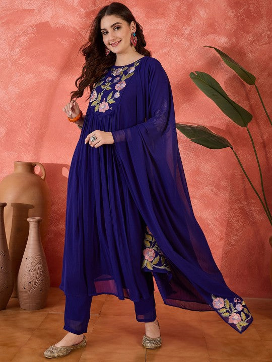Women Embroidered Straight Kurta with Pants & Dupatta Set