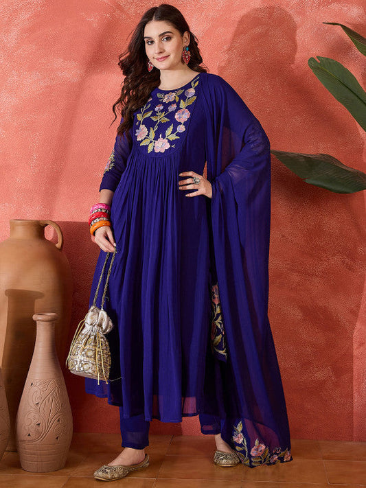 Women Embroidered Straight Kurta with Pants & Dupatta Set
