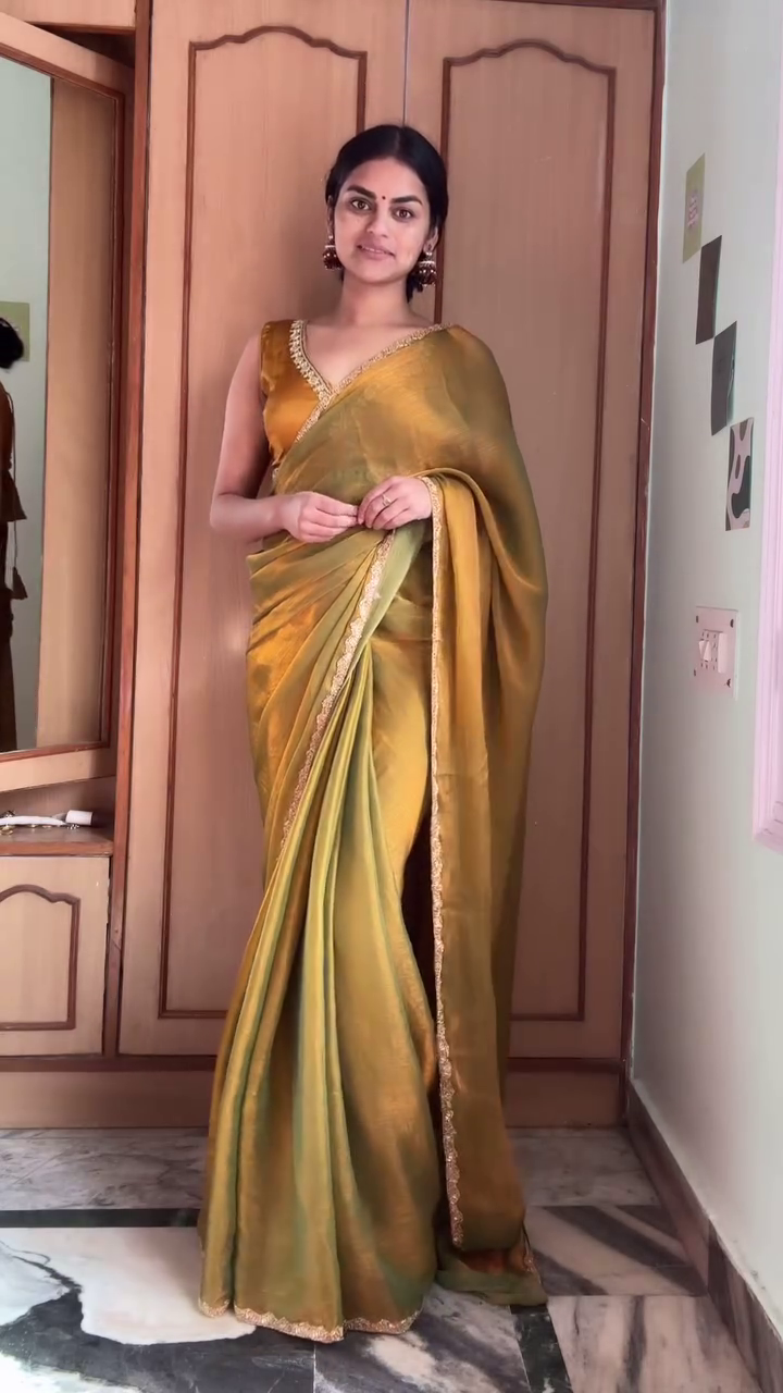 Elegant Golden Olive Silk Saree with Embroidered Border – Traditional Festive Wear