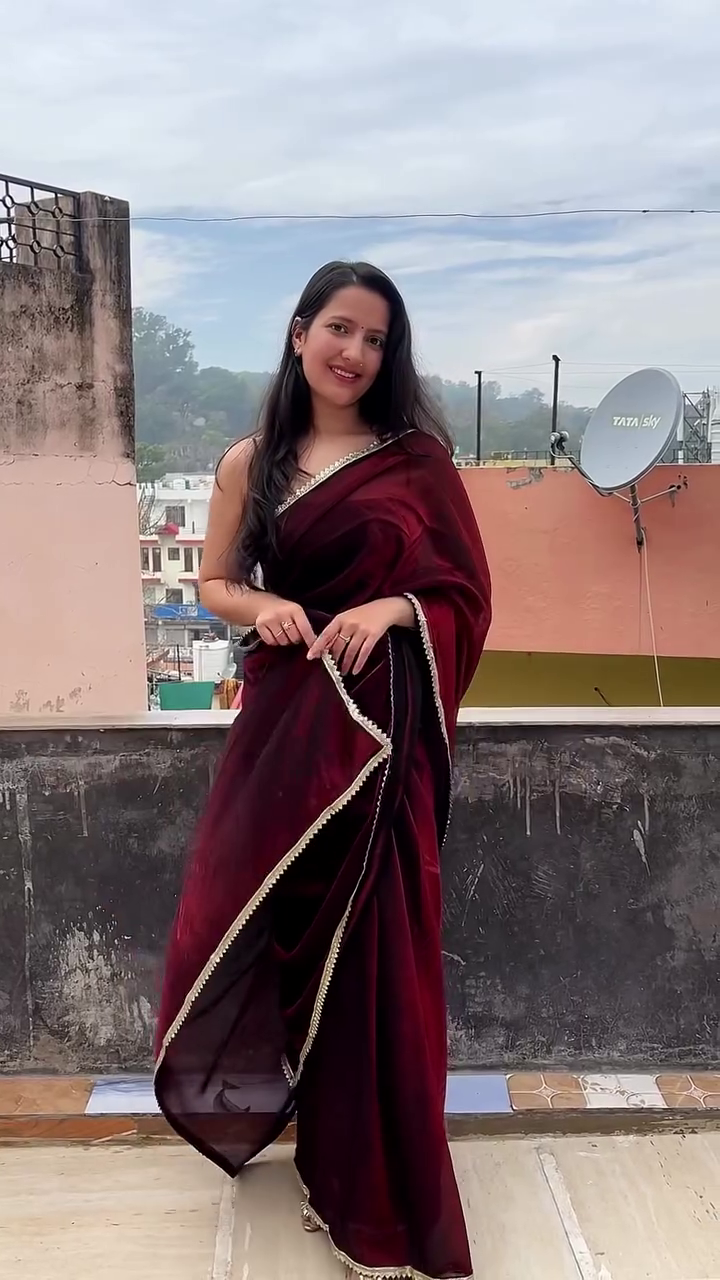Luxurious Maroon Velvet Saree with Embellished Border – Elegant Party & Wedding Wear