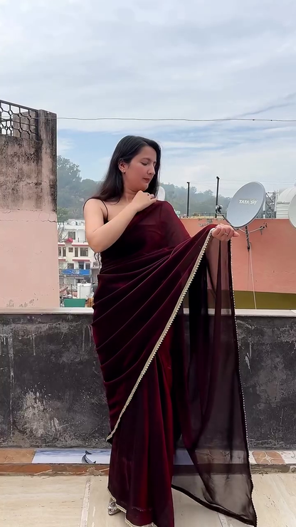 Luxurious Maroon Velvet Saree with Embellished Border – Elegant Party & Wedding Wear