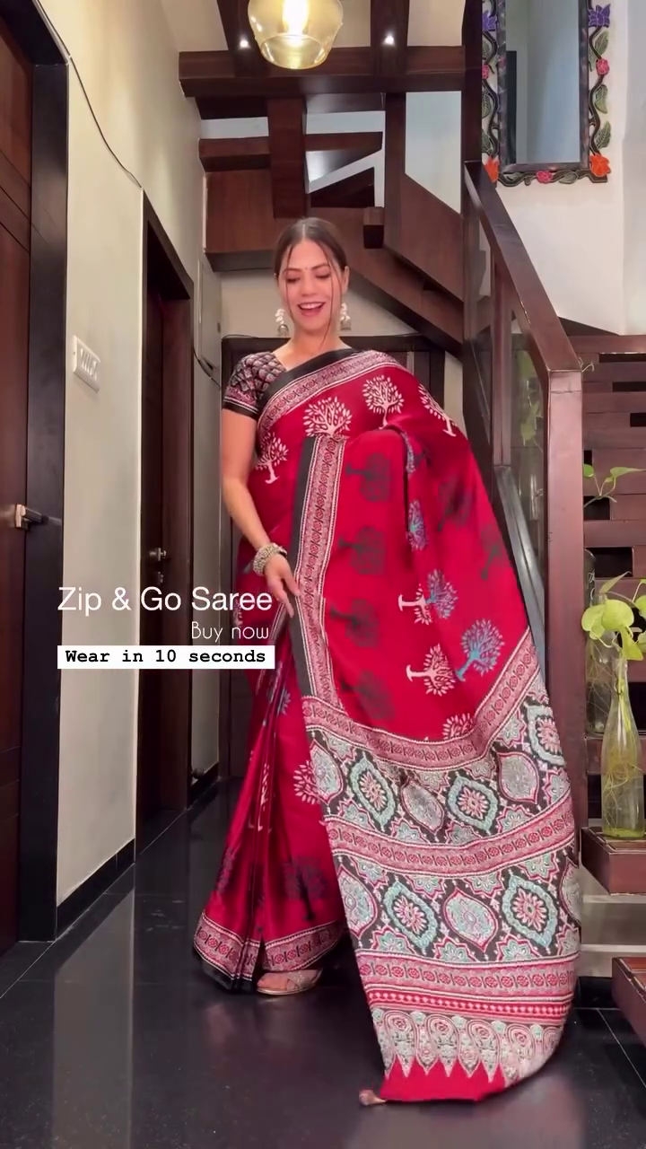 Red & Black Zip & Go Pre-Stitched Saree – Wear in 10 Seconds
