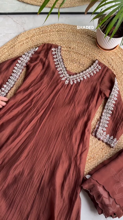 Elegant Brown Full-Length Embroidered Kurta Set – Festive & Casual Wear