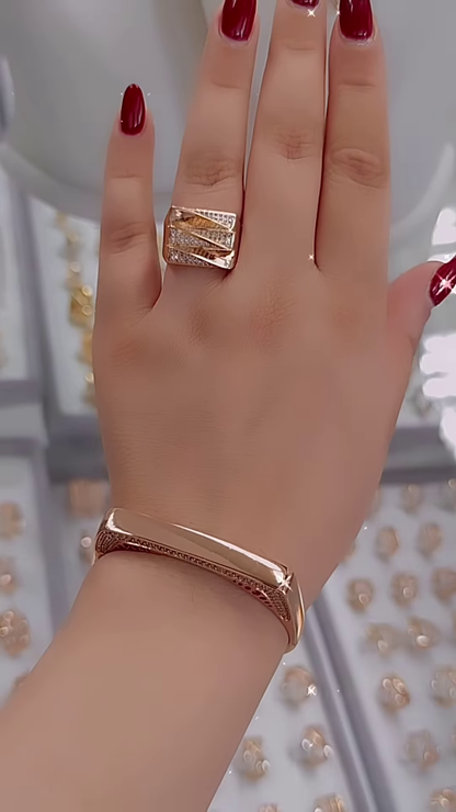 Elegant Rose Gold Bangle Bracelet and Ring Set with Delicate Accents