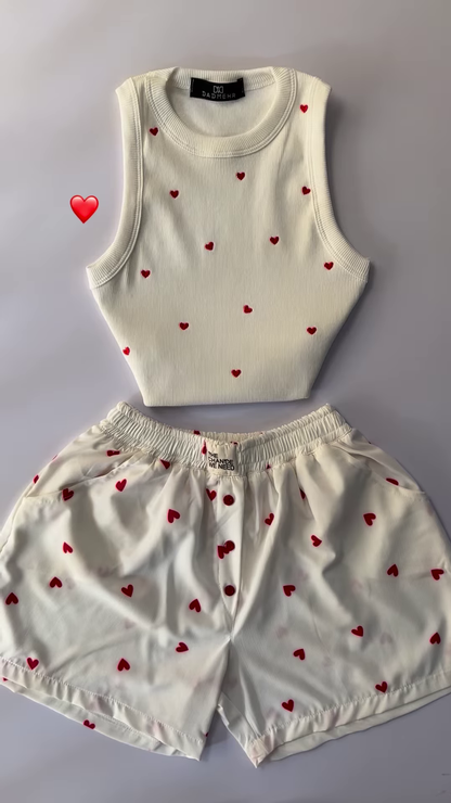 Adorable White Ribbed Tank Top and Shorts Set with Red Hearts – 6 Colors Available