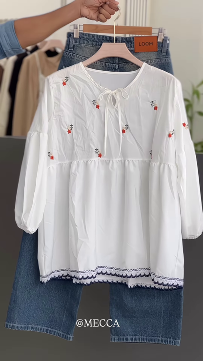 🌼 Bohemian White Embroidered Peasant Blouse & Relaxed Fit Jeans Ensemble 👖