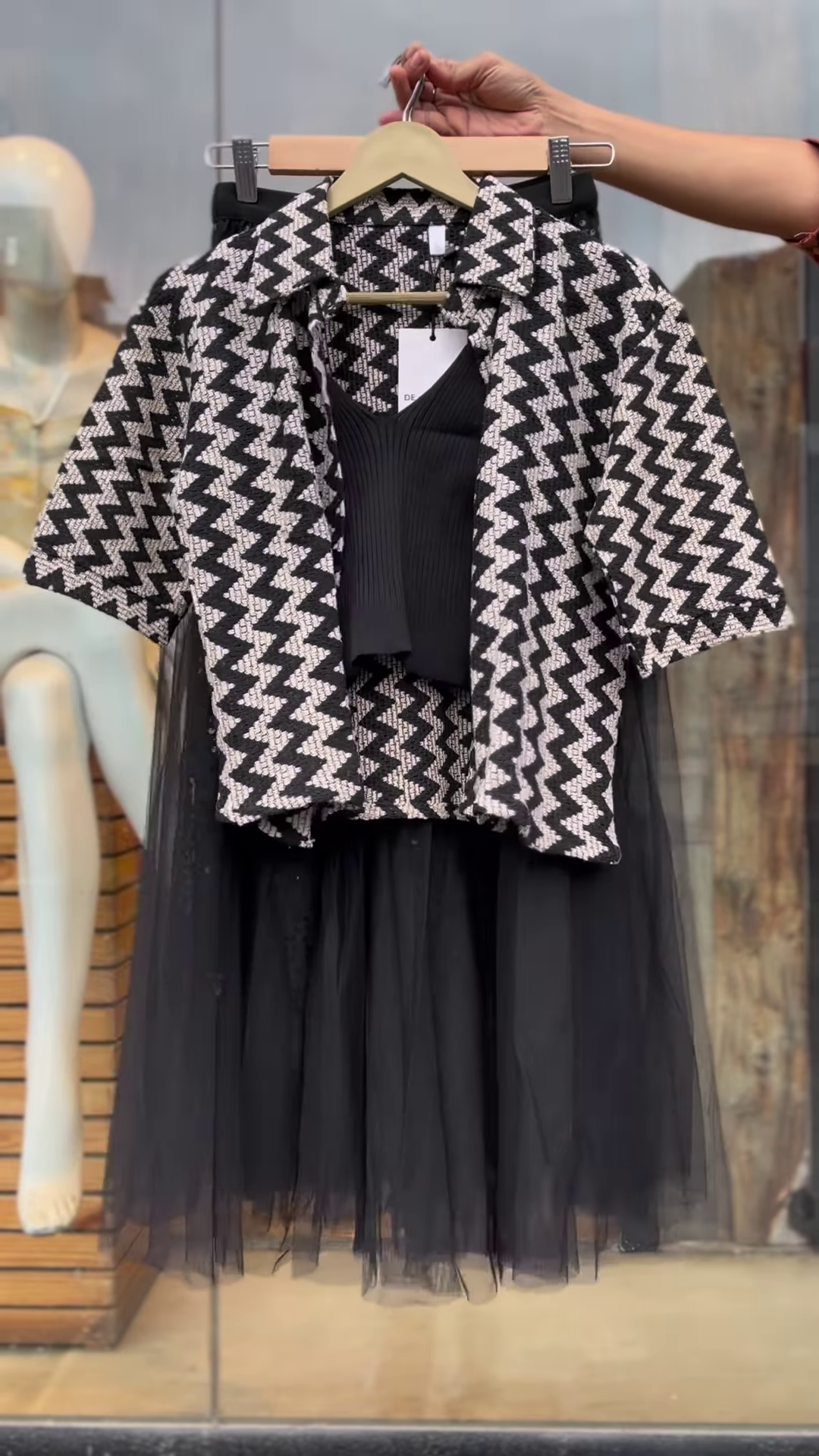 Black & White Zigzag Jacket Set with Ribbed Top and Tulle Skirt