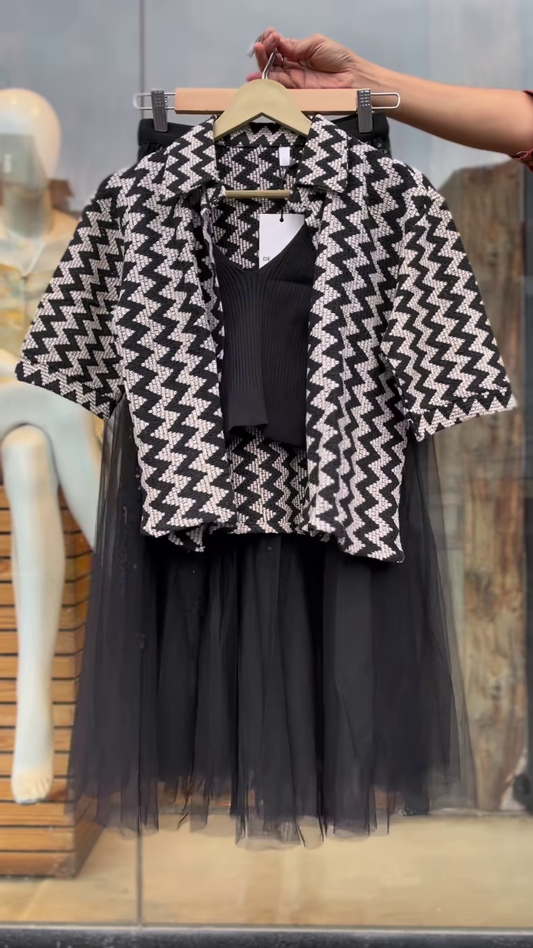 Black & White Zigzag Jacket Set with Ribbed Top and Tulle Skirt