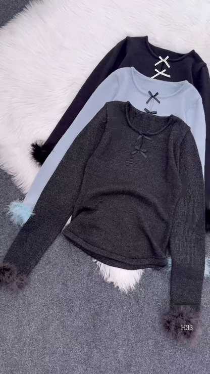 Fur-Cuffed Bow Detail Sweaters 🧥 Available in Black, Light Blue, Dark Grey, Red & Cream