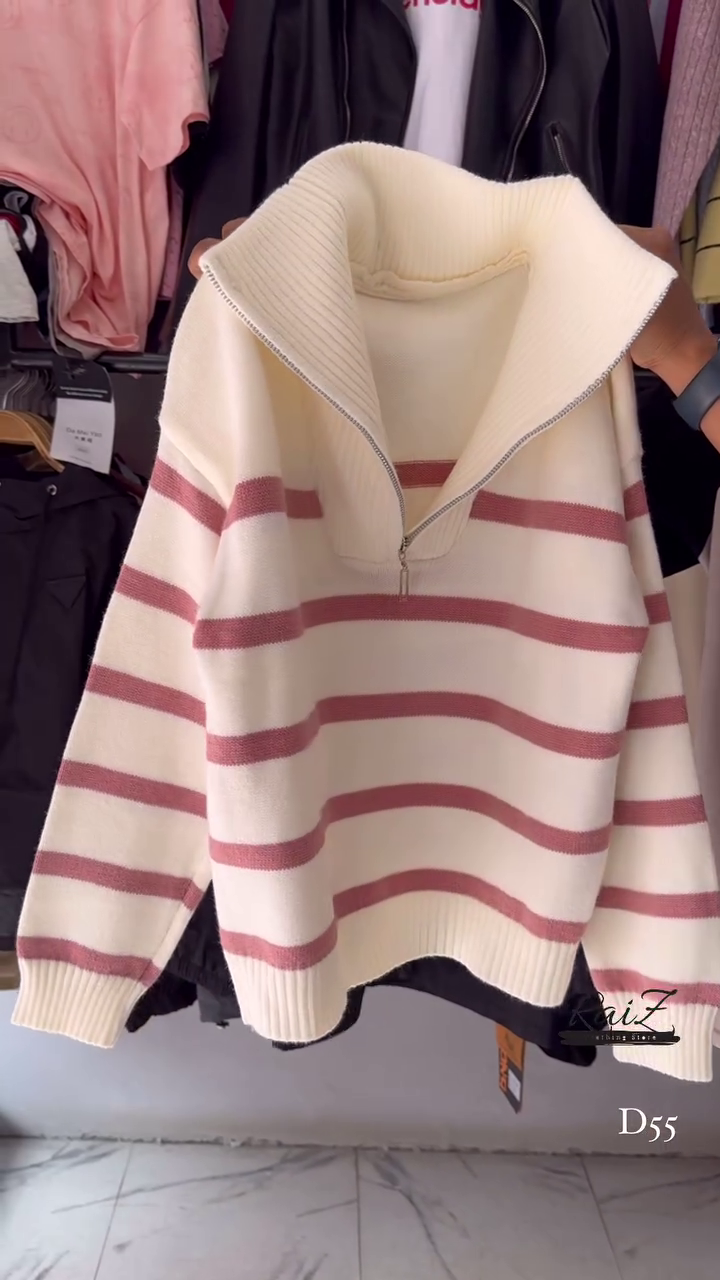 Striped Knit Sweater Collection 🧶 Half-Zip & Crew Styles – Cream, Blue, Red & More