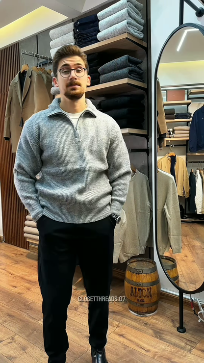 Zip-Up Knit Sweater 🧥🪞 – Soft Grey Layer with Black Pants Styling in Store Visual