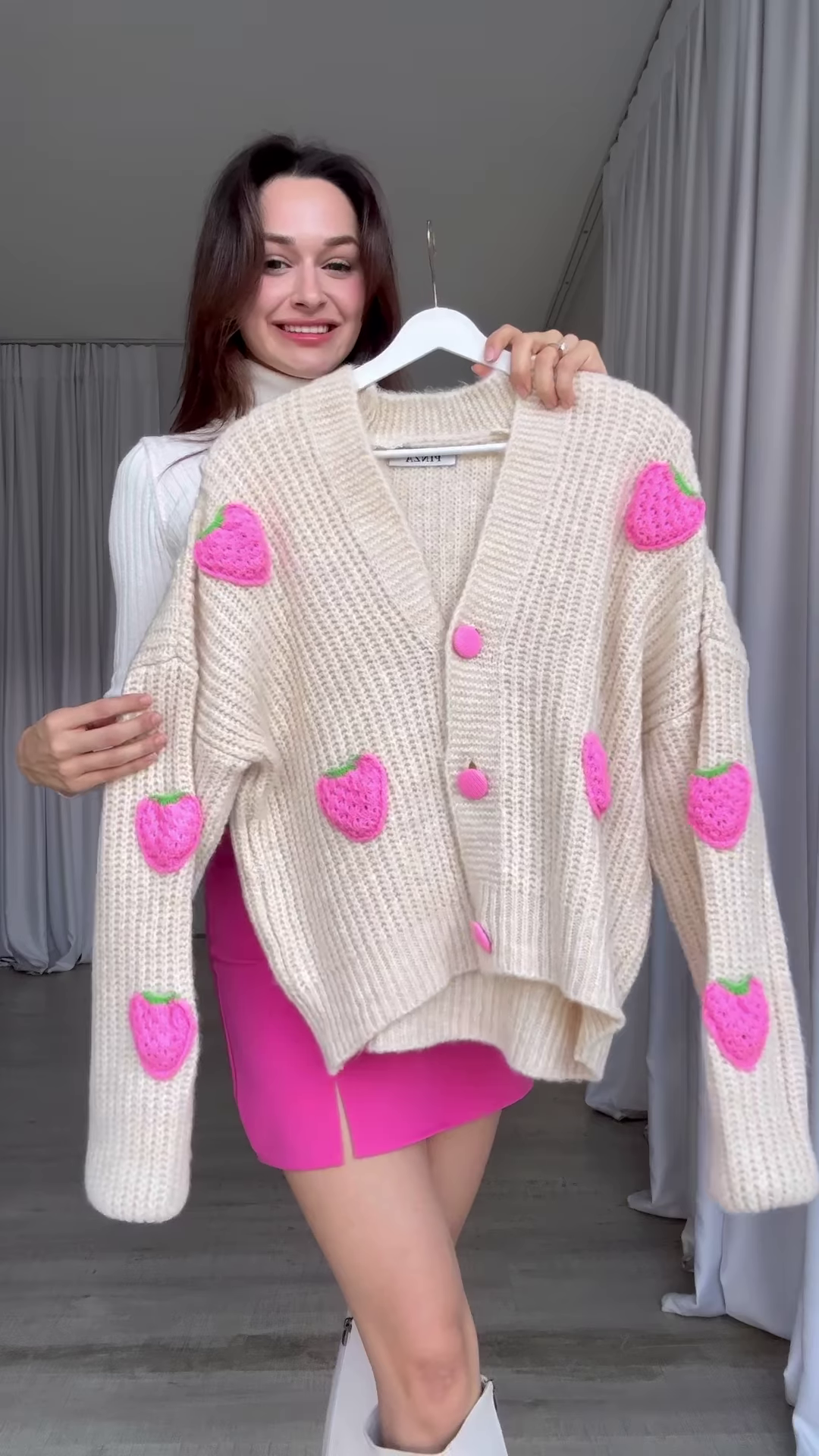 Strawberry-Patch Knit Cardigan 🍓🧥 with Pink Buttons – Styled with Turtleneck, Mini Skirt & Boots