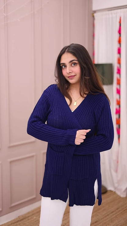 Blue-Toned Knitwear Trio 🧥💙 – Striped Sweater, Navy Cardigan & Cable-Knit Co-Ord Set