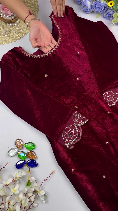 Wine Velvet Minimal Embellished Designer Blouse