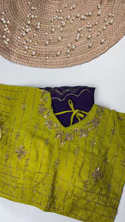 Lime Yellow Hand-Embroidered Blouse with Deep Violet Scalloped Dupatta