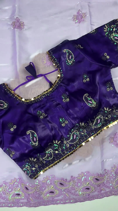 Royal Indigo Violet Silk Blouse with Lavender Scalloped Shimmer Dupatta