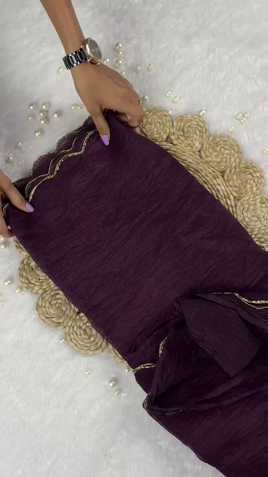 Deep Plum Wine Crinkle Georgette Saree with Delicate Scalloped Zari Border