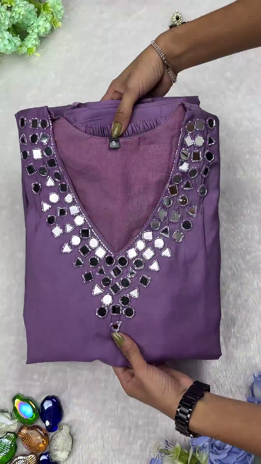 Mauve Lavender Cotton-Silk Kurti with Hand-Placed Mirror Work