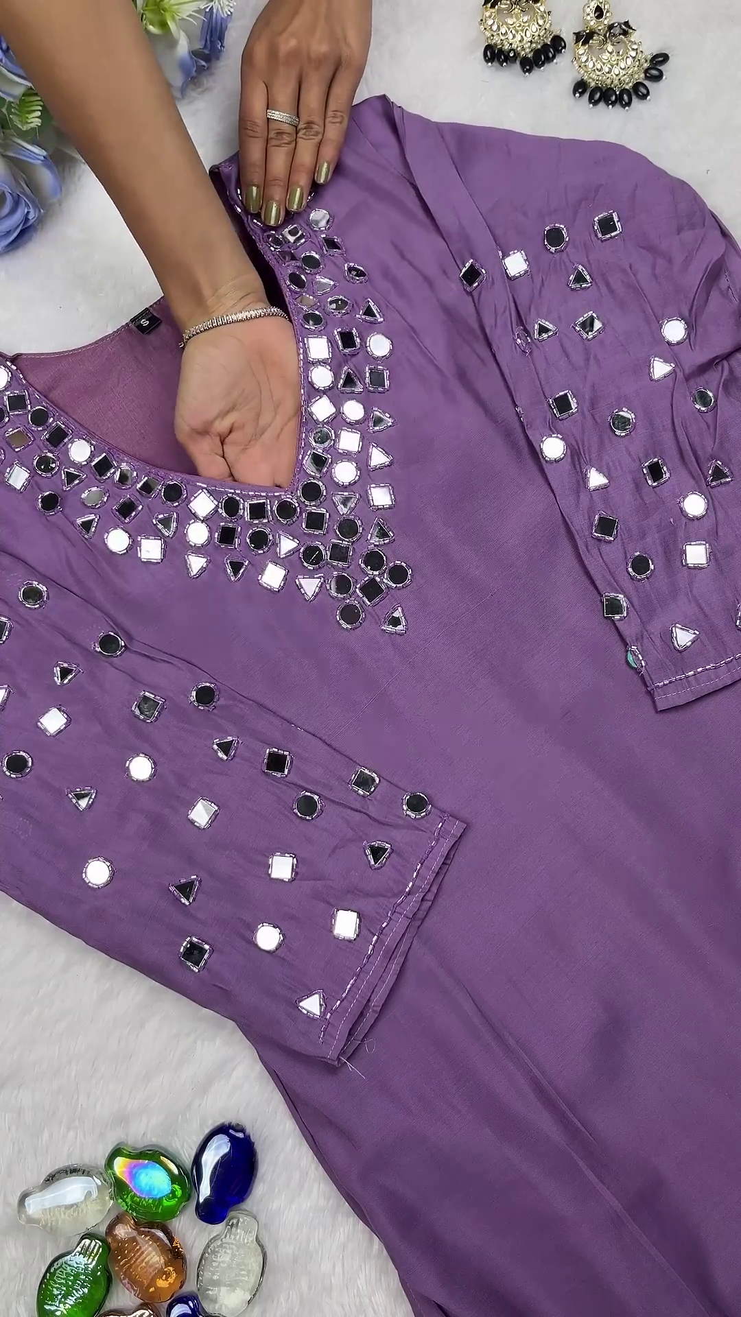 Mauve Lavender Cotton-Silk Kurti with Hand-Placed Mirror Work