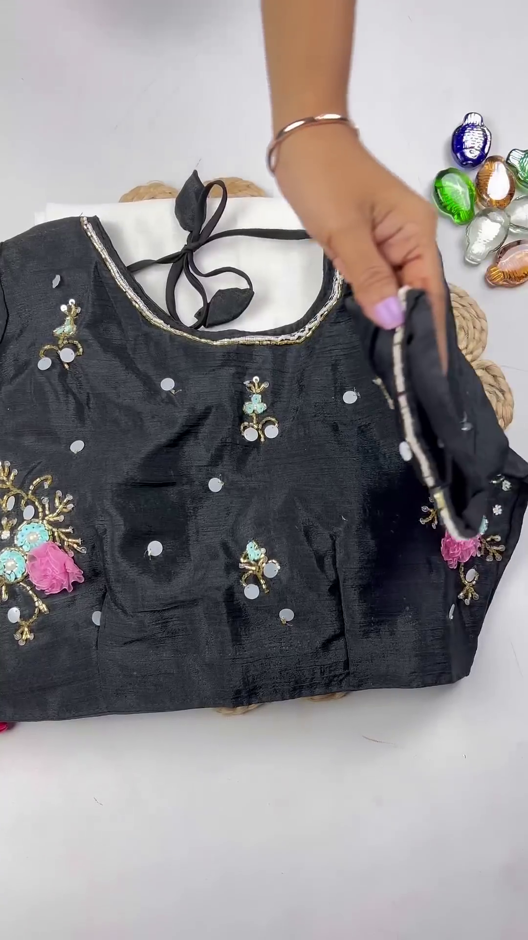Midnight Black Silk Blouse with 3D Floral Appliqué and Sequin Accents