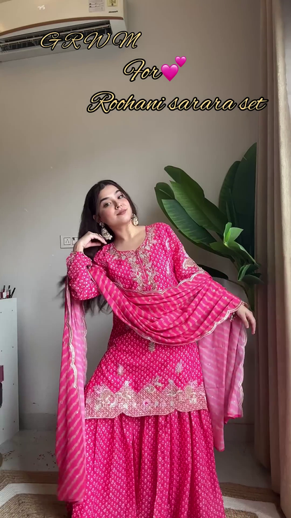 Rochani Pink Bandhani Sarara Set with Zari Embroidery