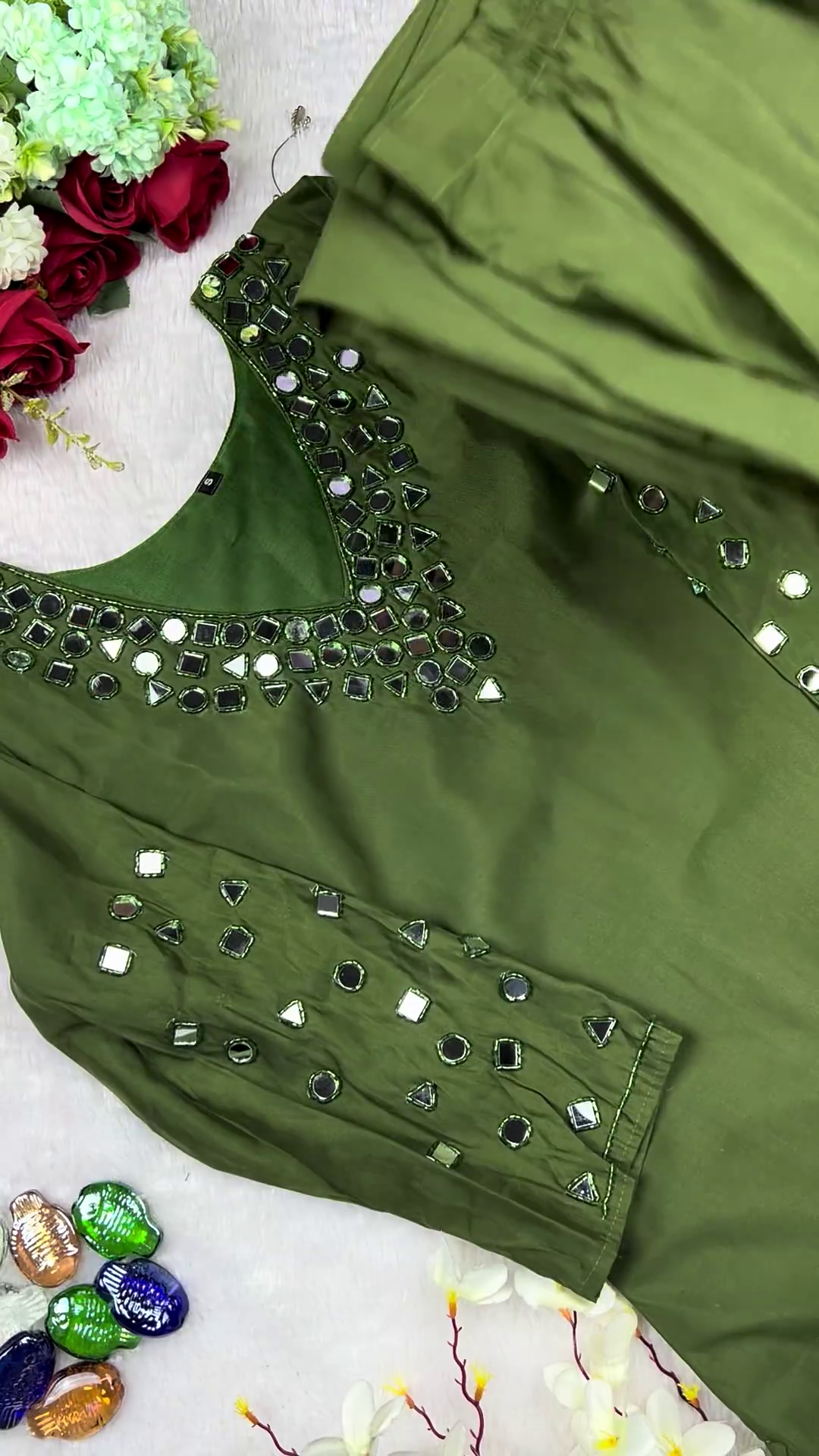 Olive Green Cotton-Silk Kurti with Geometric Mirror-Work Neckline