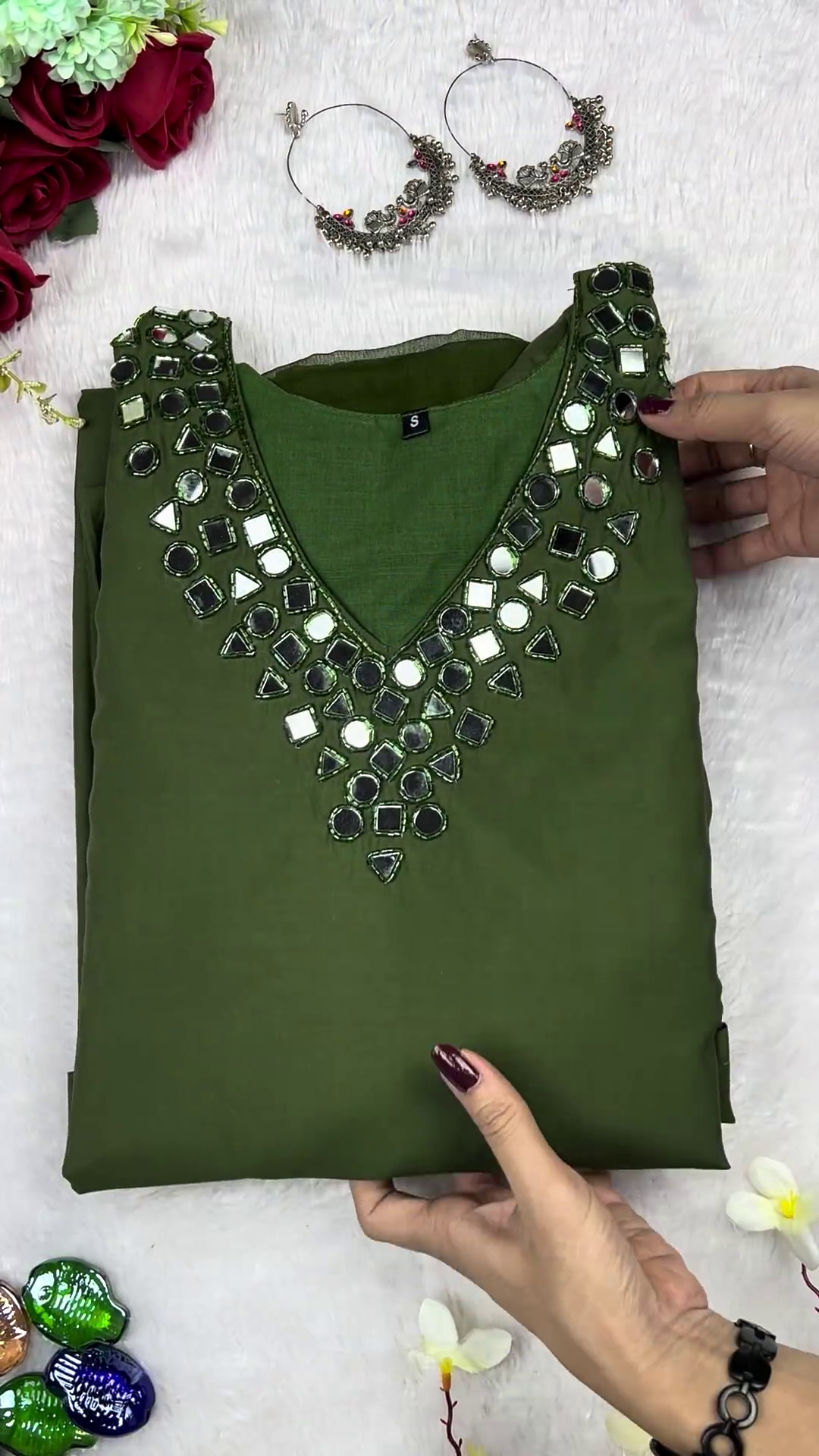 Olive Green Cotton-Silk Kurti with Geometric Mirror-Work Neckline