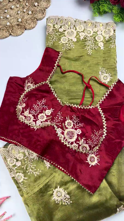 Maroon Velvet Heritage Blouse with Floral Zari and Scalloped Metallic Saree Set