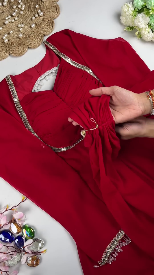 Crimson Red Sweetheart Co-ord Set with Silver Lattice Back