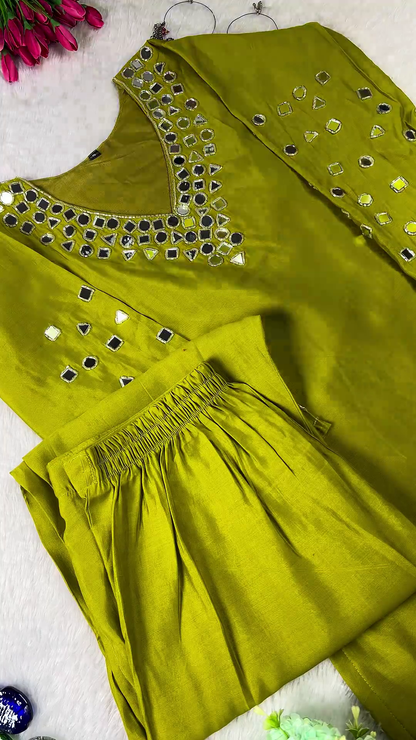 Lime Green Silk Kurti and Palazzo Set with Geometric Mirror Work