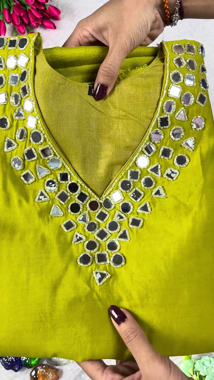 Lime Green Silk Kurti and Palazzo Set with Geometric Mirror Work