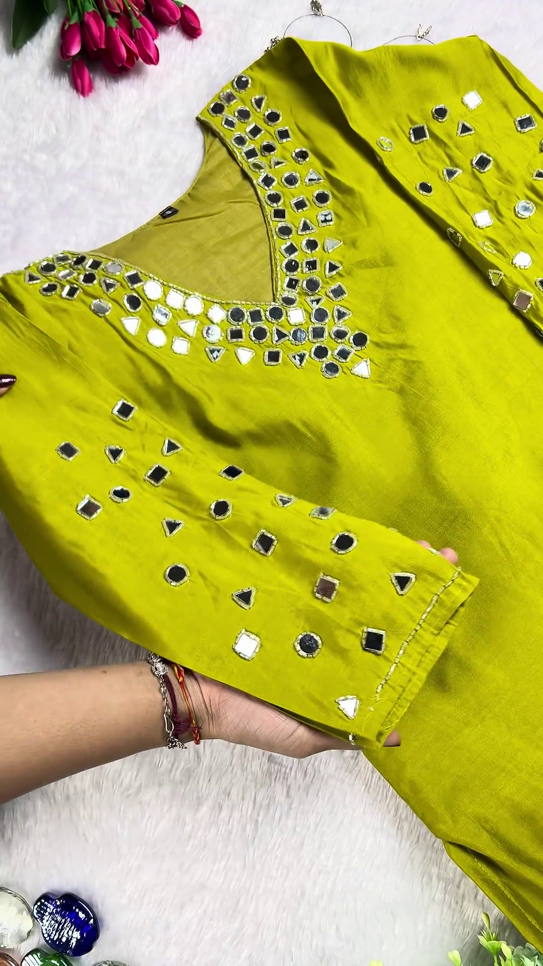 Lime Green Silk Kurti and Palazzo Set with Geometric Mirror Work