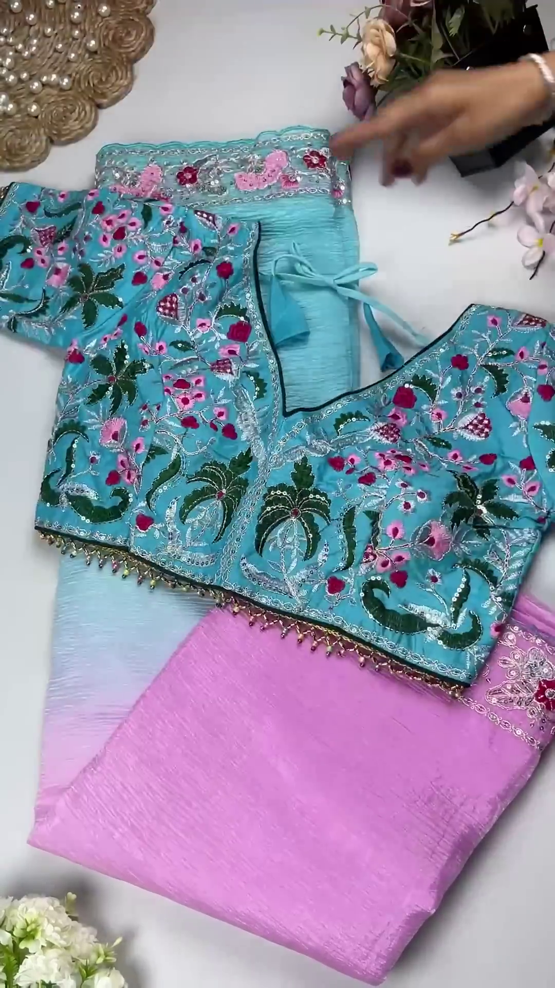 Turquoise Blue Floral Embroidered Blouse with Ombré Pink Crinkle Saree