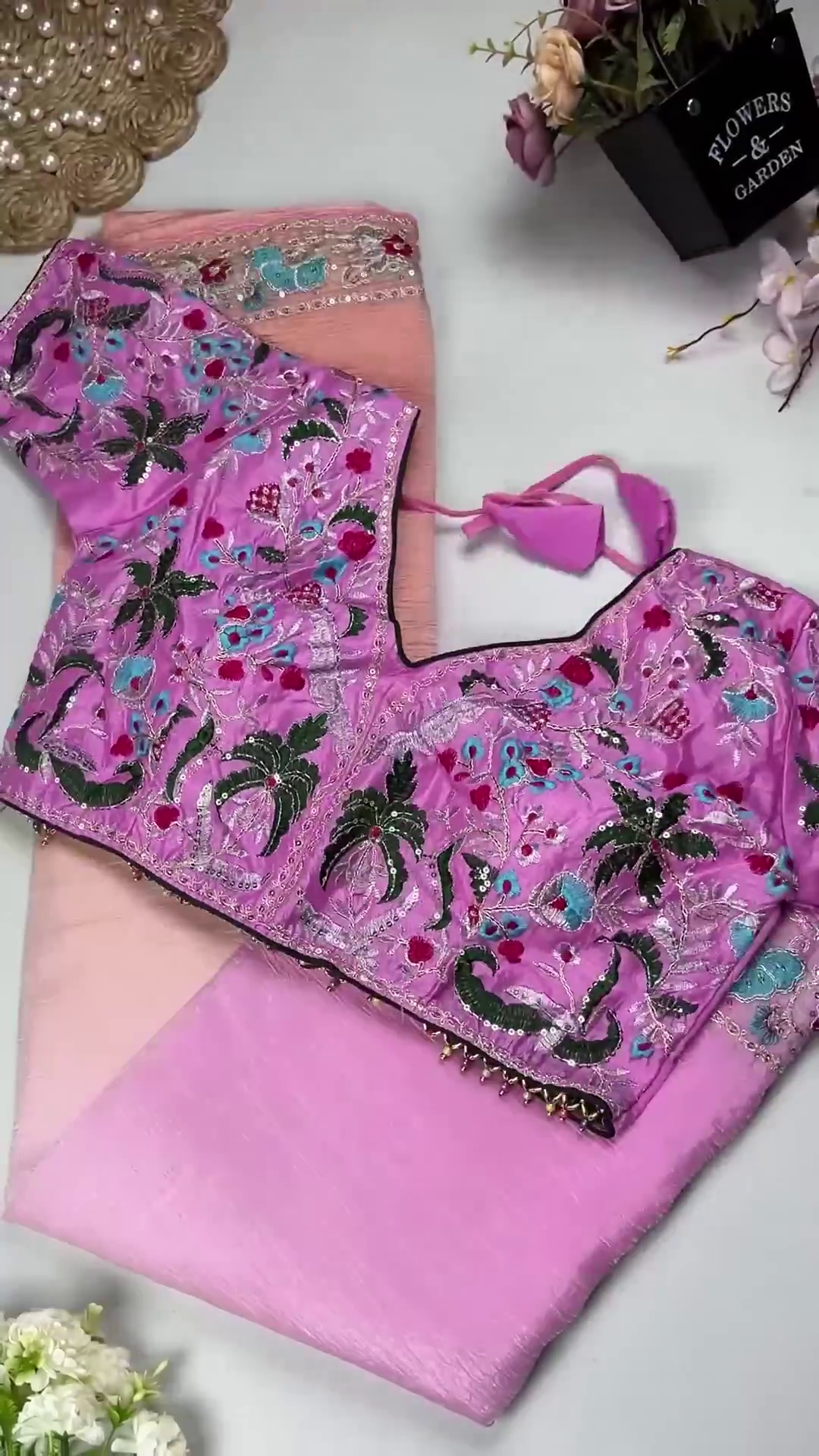Turquoise Blue Floral Embroidered Blouse with Ombré Pink Crinkle Saree