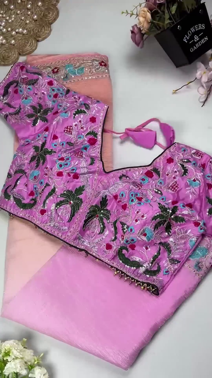 Turquoise Blue Floral Embroidered Blouse with Ombré Pink Crinkle Saree