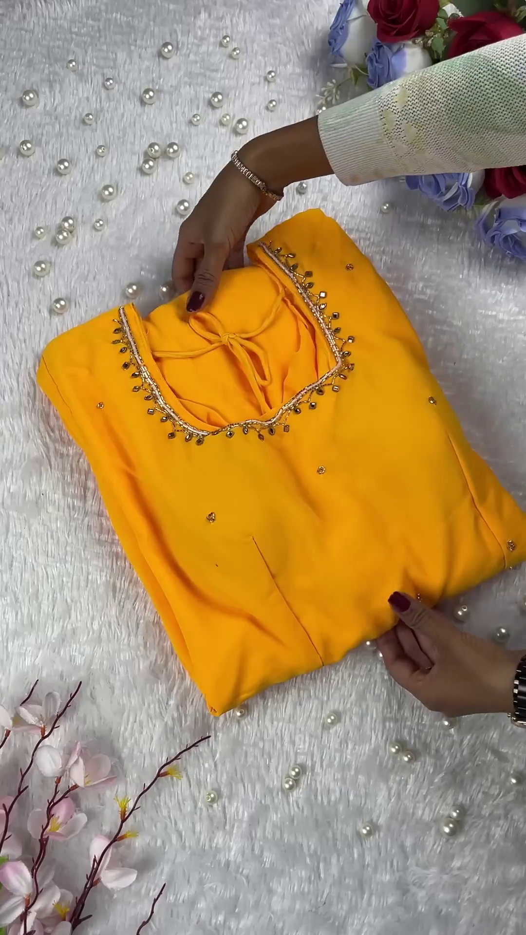 Tangerine Orange Georgette Suit with Pearl-Bead Lattice and Scalloped Embroidery