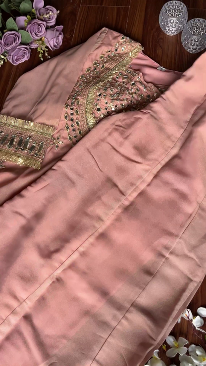Dusty Rose Silk Kurti with Mosaic Mirror Work and Gota Fringe