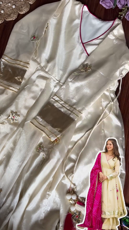Cream Shimmer Silk Angrakha Anarkali with Fuchsia Bandhani Dupatta