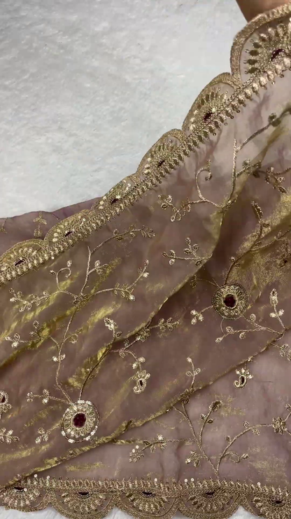 Maroon Velvet Heritage Blouse and Mauve Scalloped Organza Saree Set