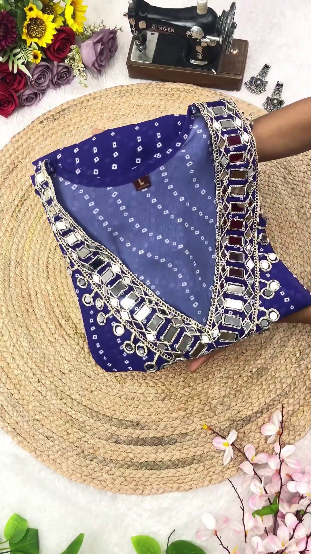 Bandhani Georgette Anarkali Suit with Geometric Mirror Work