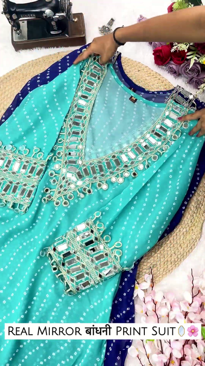 Bandhani Georgette Anarkali Suit with Geometric Mirror Work