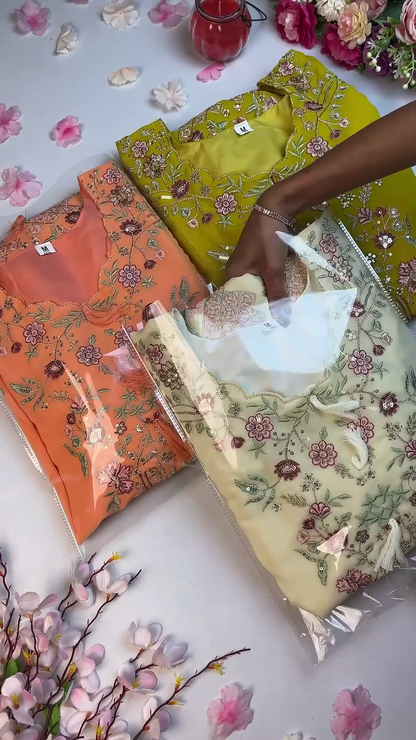 Garden-Inspired Floral Embroidered Silk Kurti Collection