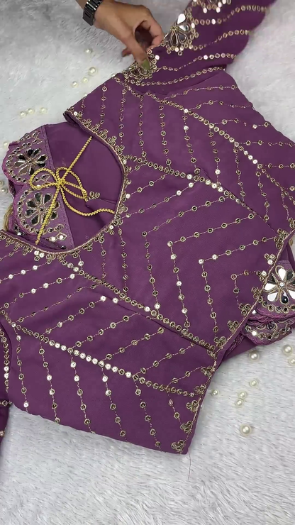 Plum Purple Georgette Anarkali with Diagonal Sequin and Mirror Work
