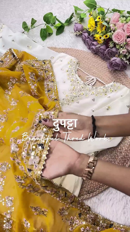 White Georgette Flared Anarkali with Sequin Floral Embroidery