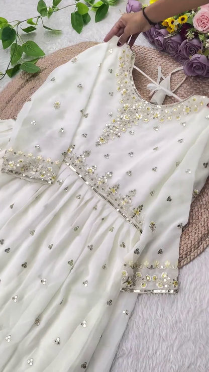 White Georgette Flared Anarkali with Sequin Floral Embroidery