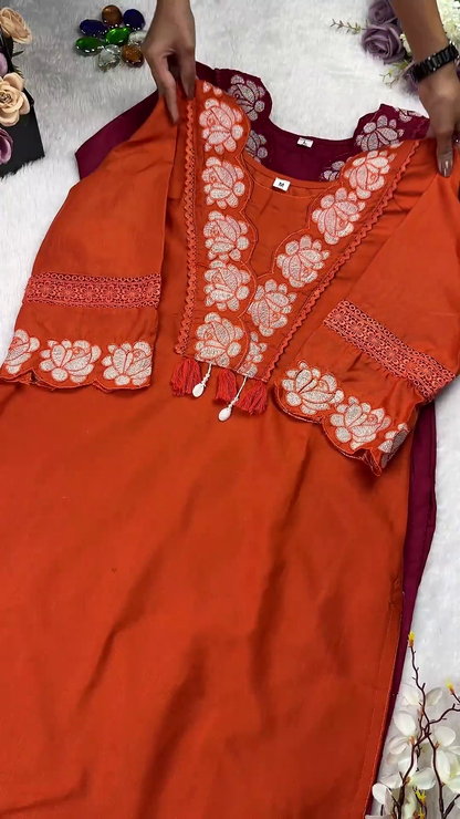 Embroidered Rose Silk Kurti with Lace-Trimmed Cuffs and Tassels