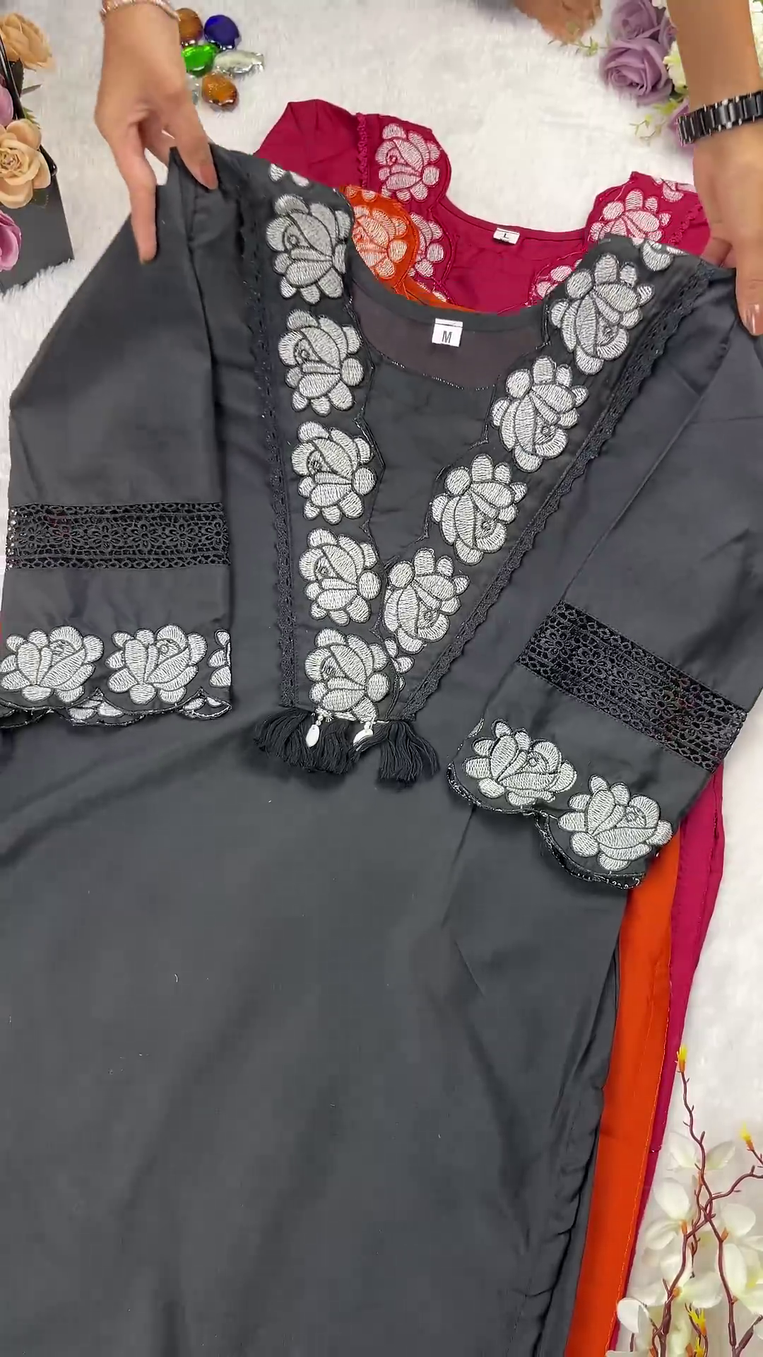 Embroidered Rose Silk Kurti with Lace-Trimmed Cuffs and Tassels